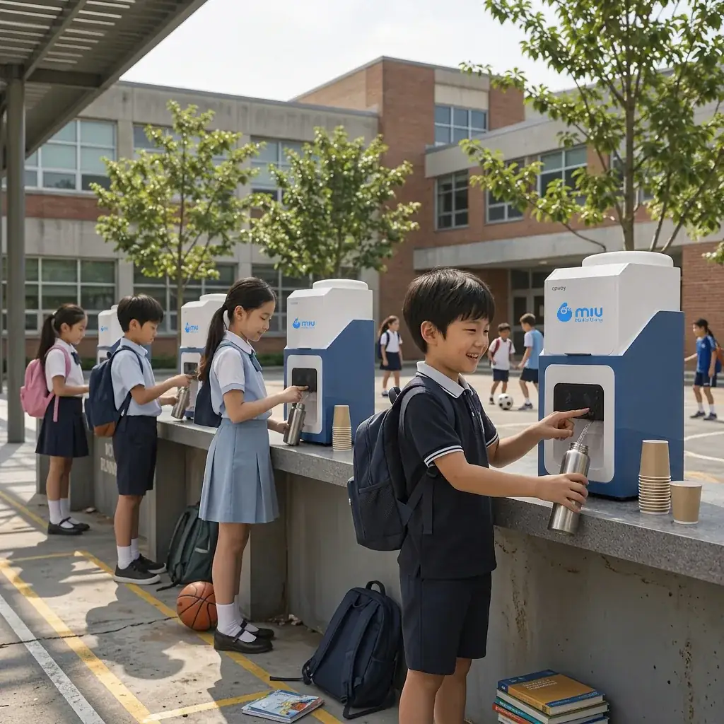 Siswa mengisi botol minum di dispenser MIU di sekolah